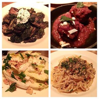 Brussel sprouts, meatballs, endive and walnut salad, little neck clam vongole