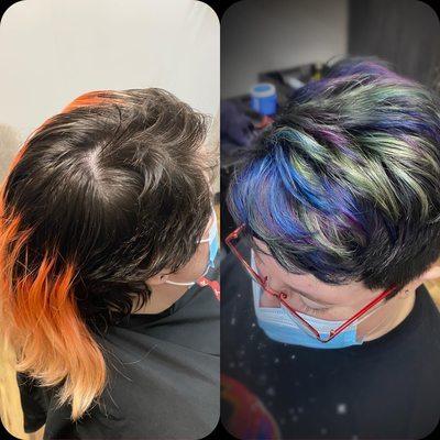 Oil spill inspired fashion color with haircut to blend a previously shaved undercut