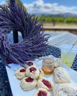 Lavender wreath making class served with homemade lavender baked goods, lavender honey, and lavender lemonade.