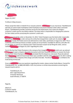 Letter we now have send to our credit card company because TicletNetwork is the biggest mistake you can make.