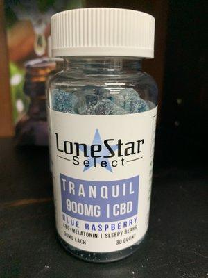 LoneStar Select Tranquil Sleep Gummies: blue-raspberry flavored, terpene-enhanced, and packed with 3mg Melatonin, 30mg CBD, No THC.