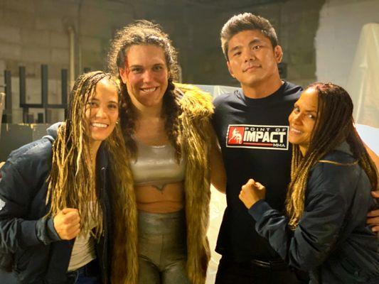 POIMMA's Head Coach Yoko Hamamura with Halle Berry, Gabi Garcia, and Anisha Gibbs (Halle's Stunt Double) on the set of Bruised.