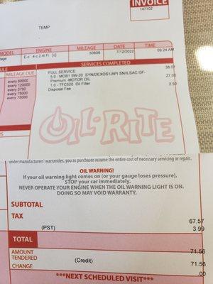 Today's receipt from Oil Rite in Lancaster