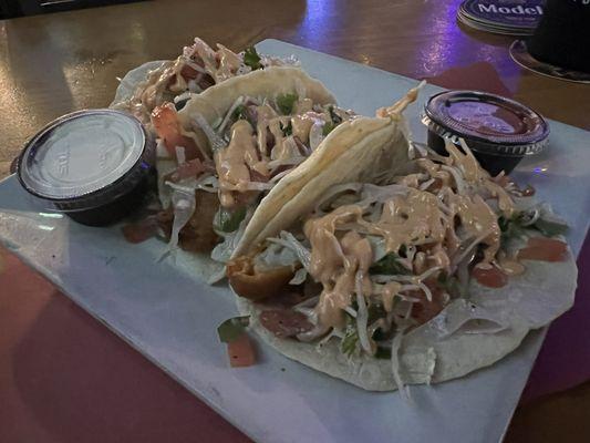 The fish tacos are excellent