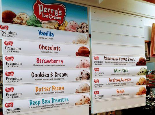 Our soda fountain features Perry's Ice Cream. We also have no sugar added vanilla and butter pecan.