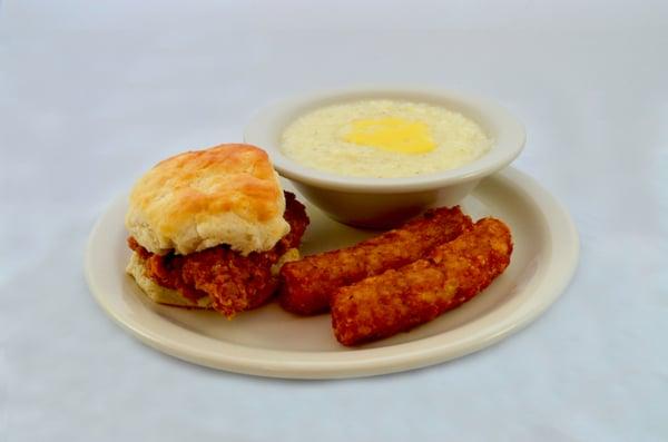 Chicken Biscuit, Grits and Hashbrowns