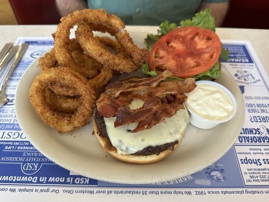 Fairborn Bacon Burger with onion rings