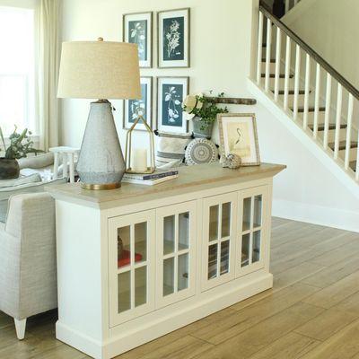 Timeless Farmhouse: simple showstopper - Finn Console in Solid Cherry with Plain White body and Weathered Oak Khaki top - with glass insert