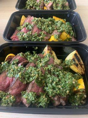 Skirt Steak with blistered summer squash and a chimichurri sauce.