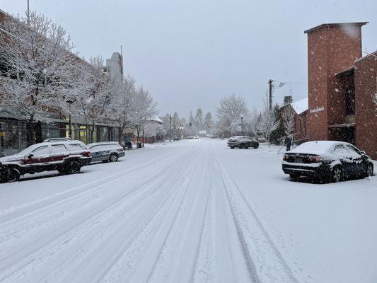 Oregon Street. Foundry Church on the Right.