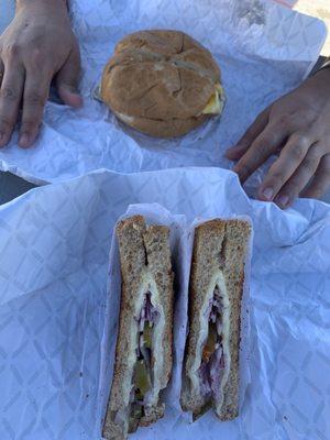 Egg and Cheese Sandwich (roll) and Grilled cheese with onion & jalapeño