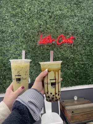 Matcha milk tea & matcha milk tea with brown sugar & tapioca pearls