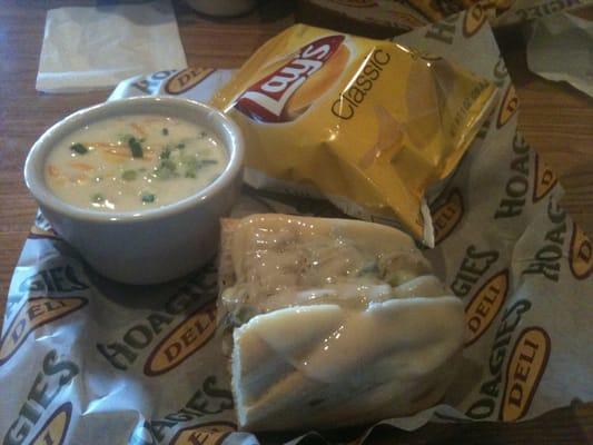 Baked potato soup and half a Beefeater hoagie