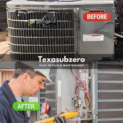 Before and after Texasubzero magic - turning your AC woes into wins.