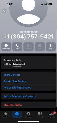 Phone number of business, proof of my call on Feb 3 at 10:20am.