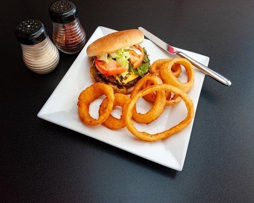 Burger & Choice of onion rings or fries