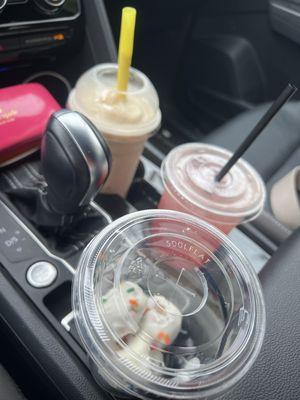 Salted caramel pretzel shake, cherry, limeade, tea, and sugar, cookie protein balls