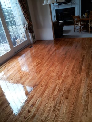 Refinished 2 1/4" red oak flooring in the kitchen.