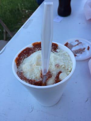 Elote en vaso. Corn with mayo, sour cream, cheese, and chile.