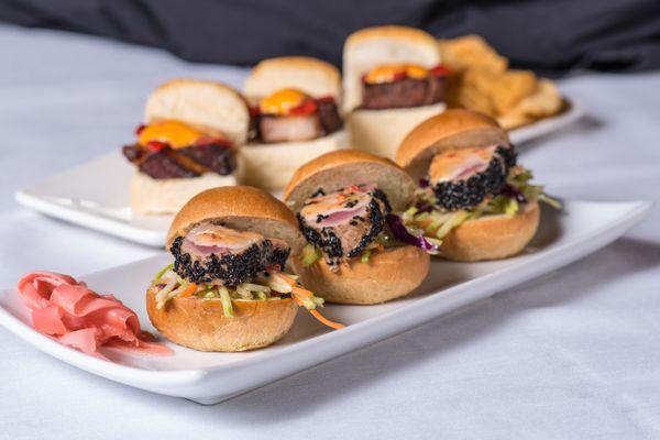 Assorted sliders Sesame seed tuna w/Asian slaw & Slow roasted brisket w/roasted pepper