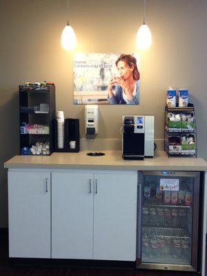 Complimentary coffee, water and juice in the waiting room!