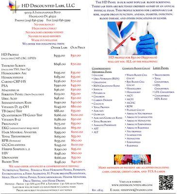 Health Diagnostics of NWI dba HD Discounted Lab - Some of the more popular test offered. Call us for questions