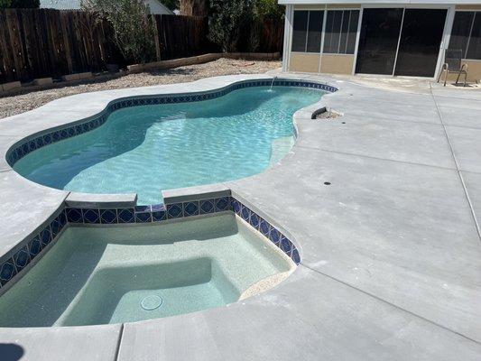 New concrete coping, beautiful Spanish tiles and mini pebble tech aqua cool