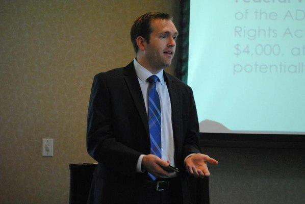 Attorney, Brandon Fieldsted speaks at a Kiwanis meeting in Downey on ADA Compliance. (May 2014)