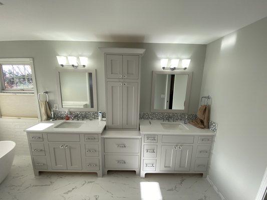 Painted gray vanity cabinets