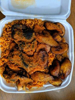 Jollof with goat meat and plantains