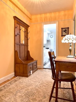 Logan Hall Tree in Rye and Ethan Allen Small Desk and Chair (circa 1981)