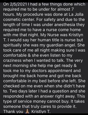 A beautiful review from a happy patient that received quality post op care after surgery.