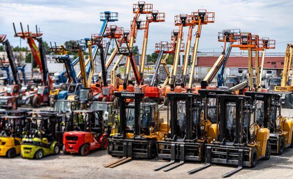 small cushion forklifts, large cushion forklifts, aerial lifts for rent or sale