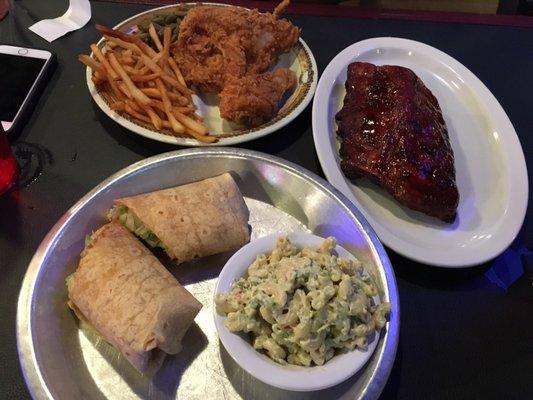 Shrimp wrap and macaroni salad. 1/2 rack ribs and 2 pc fried chicken