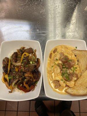 Shrimp and grits. And stir fry steak