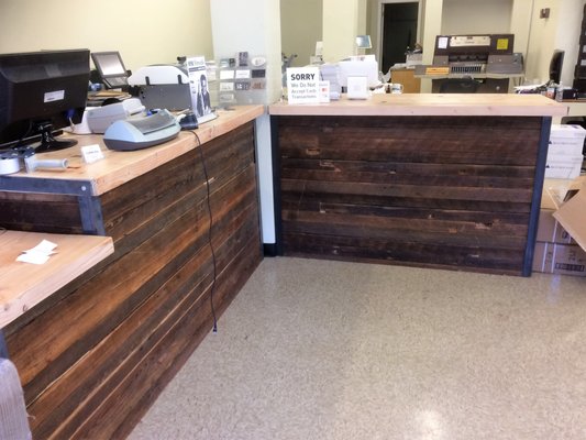 Our counters the first to come, mostly reclaimed wood. all of our paper trim and broken boxes are shreded and reused as  fill material.