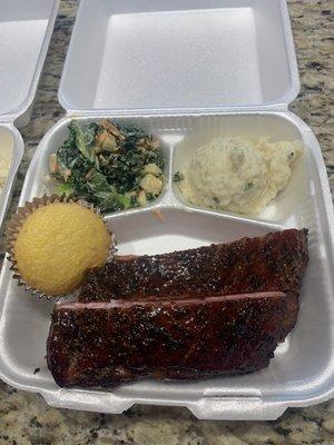 apple kale slaw , garlic mashers, corn bread , kcbs award winning at louis ribs.