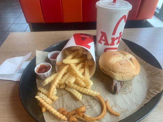 Roast beef sandwich, fries, and a drink