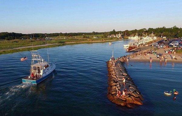 Drone view of the Triton coming into Rock Harbor in Orleans, MA