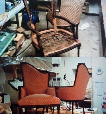 Before and after reupholstered side chairs.