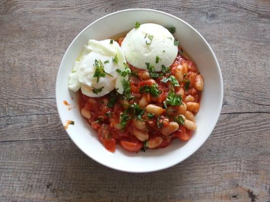 Cannellini beans, poached eggs truffle oil.