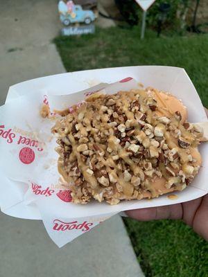 first timer and OMG it was amazing. butterscotch dip almonds ,toffee nut and peanut butter drizzle it was perfect. I highly recommend it.