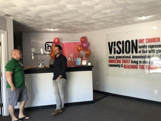 Pastor Joel Brown (R) talking with one of our members. It was Rally Day which is when we kickoff our new sessions of Connect Groups!