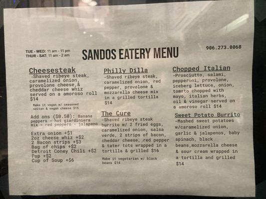 Sandos Eatery Menu