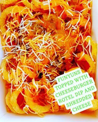 Funyun Nachos topped with Cheeseburger Rotel Dip