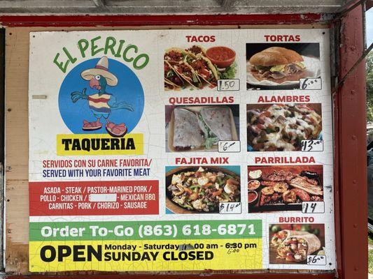 Taqueria menu