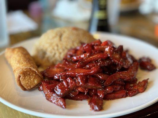 Combination of Boneless BBQ Pork Spare ribs with a vegetable egg roll and pork fried rice.