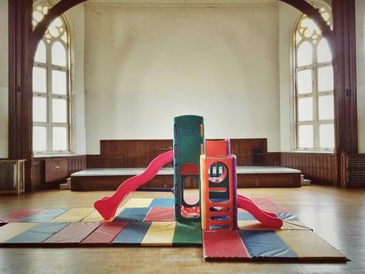 A quiet moment in the huge indoor Old First Nursery School Play Space.