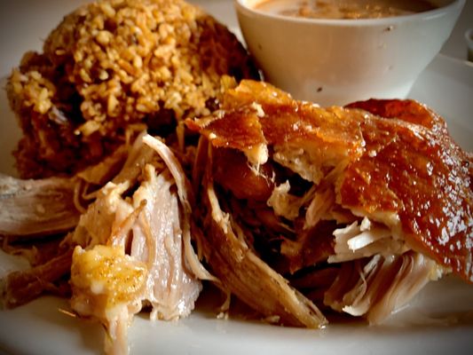 Small combo of 1/2 pound meat and two sides.  Notice that crispy skin on the pork. It was so good.