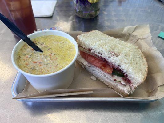 Turkey Dill on their homemade bread and side of chicken and wild rice soup.